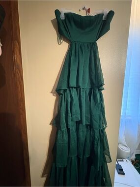 Hello Molly Emerald Green Tiered Strapless Ruffle Gown